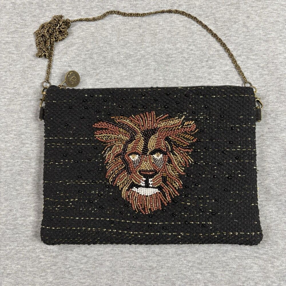 America & Beyond Beaded Lion Crossbody‎ Clutch Black Boho Artisan Should Bag